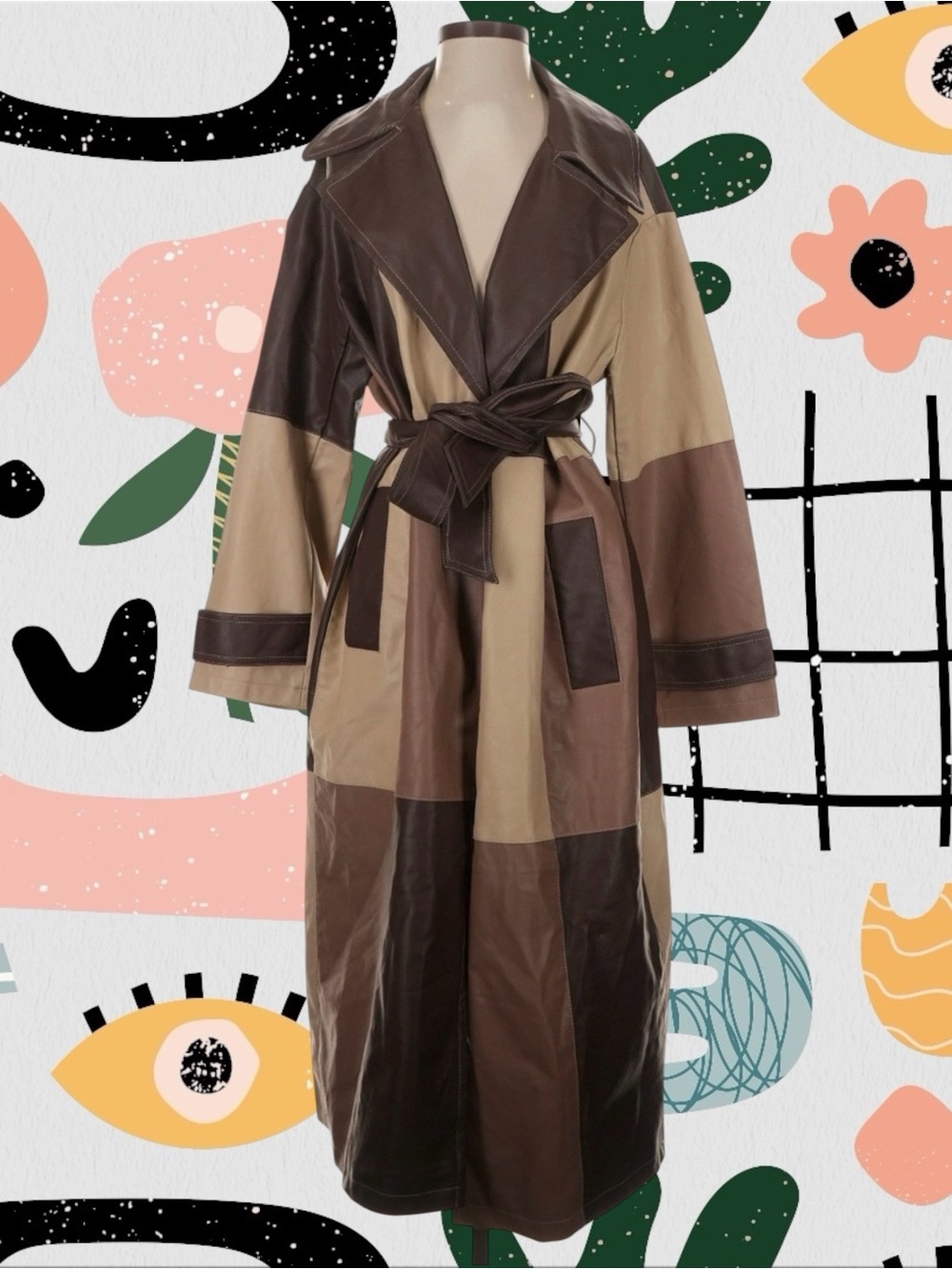 ASOS Design | Faux Leather Oversized Brown Patchwork Full Length Trench Coat